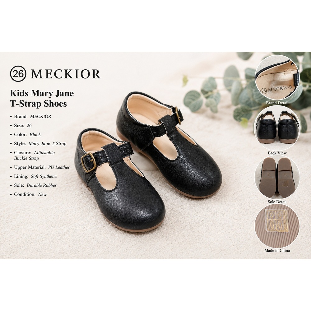 MECKIOR Toddler Girls Black T-Strap Mary Jane Flats Dress Shoes Size 26 EU 9 US